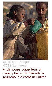 Text Box:  
 UNICEF/HQ00-  0566/Lemoyne
A girl pours water from a small plastic pitcher into a jerrycan in a camp in Eritrea

